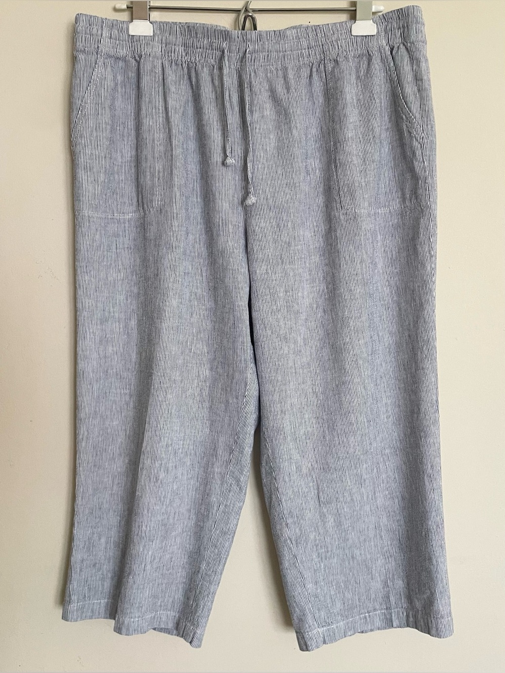 Christopher & Banks Blue and White Pinstripe Wide Leg Linen Blend Capris